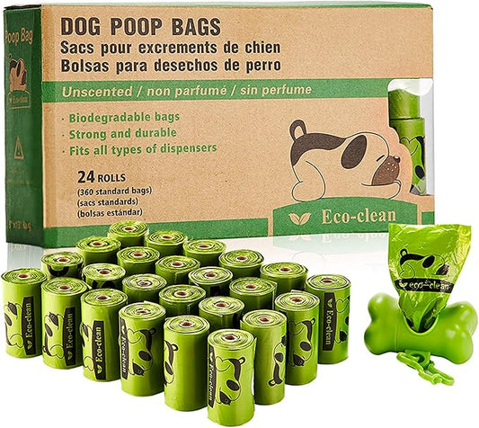 ECO-CLEAN Dog Poop Bags, 24 Rolls/360 Bags with Dispenser, Dog Waste Bags, Unscented, Leak-Proof, Easy Tear-Off