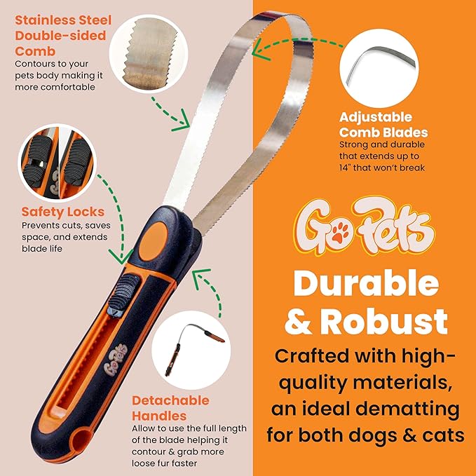 GoPets Deshedding Blade Rake, Adjustable Professional Dematting Grooming Tool, Stainless Steel Blades, Fur Removal Comb for Shedding, Comfortable Handle, Suitable for Cats & Dogs
