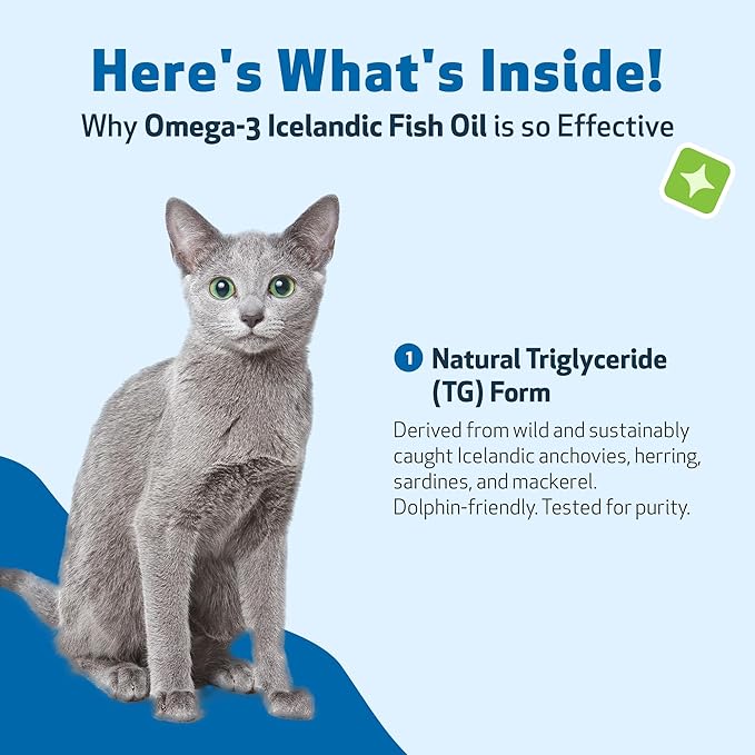 Pet Wellbeing Omega-3 Icelandic Fish Oil for Cats - Wild-Caught, Cold-Water Fish, Healthy Skin and Coat, Joint Health and Mobility, Fatty Acids, Anchovies, Sardines - EPA, DHA - 8 fl oz (236 ml)
