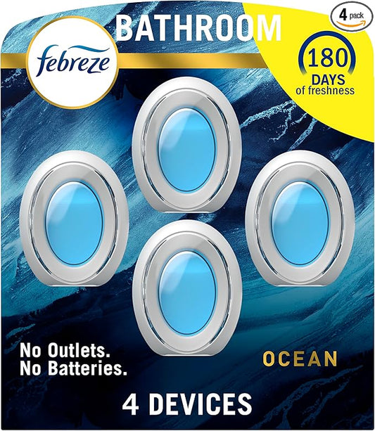 Febreze Bathroom Air Freshener, Odor-Fighting, Plug In Alternative, Air Fresheners for Home and Bathroom and Kitchen, Closet Air Fresheners, Ocean Scent, 4 Count