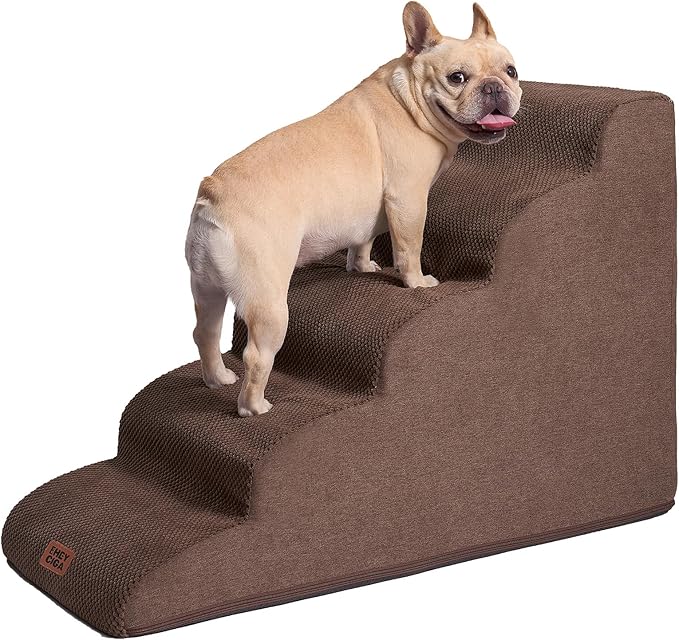 EHEYCIGA Curved Dog Stairs Ramp for High Beds 22.6" H, 5-Step Dog Steps for Small Dogs and Cats, Pet Stairs for High Bed Climbing, Non-Slip Balanced Pet Step Indoor, Brown