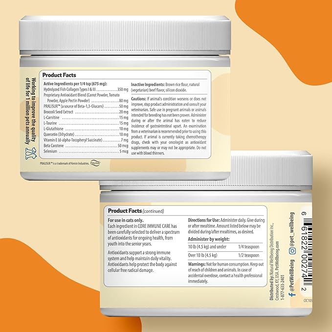 Pet Wellbeing Core Immune Care for Cats of All Ages - Daily Antioxidants, Immune Support, Collagen, Glutathione, Vitamin E - Veterinarian-Formulated Holistic Supplement 3.7 oz (105 g) Powder