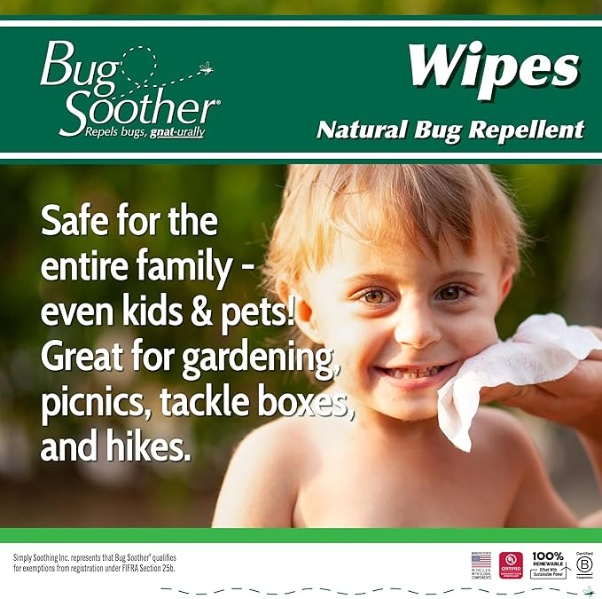 Bug Soother Wipes (30 ct) - Natural Insect, Gnat and Mosquito Repellent & Deterrent - 100% DEET-Free Safe Bug Wipes for Adults, Kids, & Pets - Made in USA