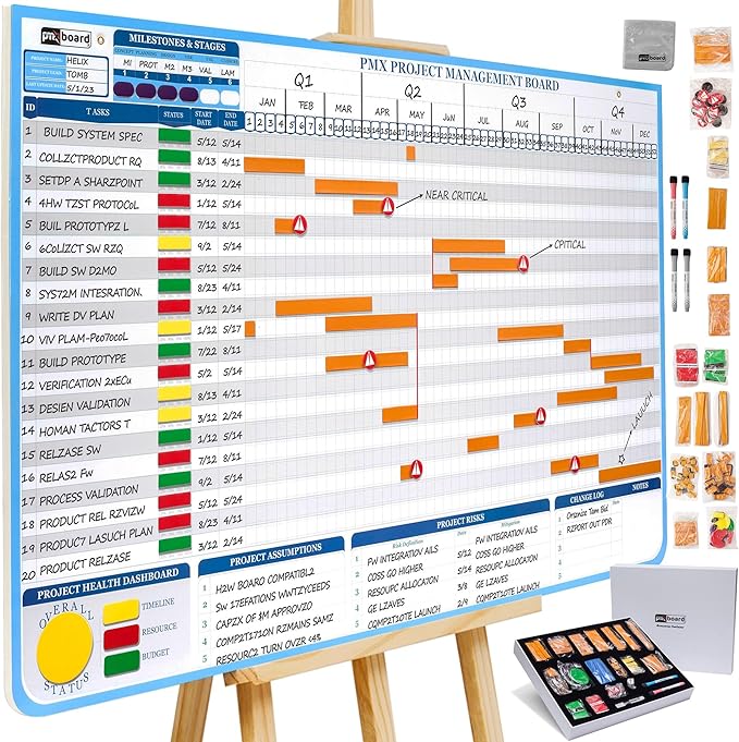 PMXBOARD Gantt Chart Project Whiteboard Kit | 668 Magnetic Pieces | Visual Timeline, Risks & Critical Path Planning | Ultimate Project Management Board for Teams