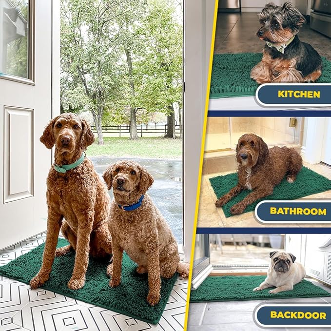 Muddy Mat® AS-SEEN-ON-TV Highly Absorbent Microfiber Dog Door Mat and Pet Rug, Non Slip Thick Washable Area and Bath Mat Soft Chenille for Kitchen Bathroom Bedroom and Indoor- Dark Green Large 35"X24"
