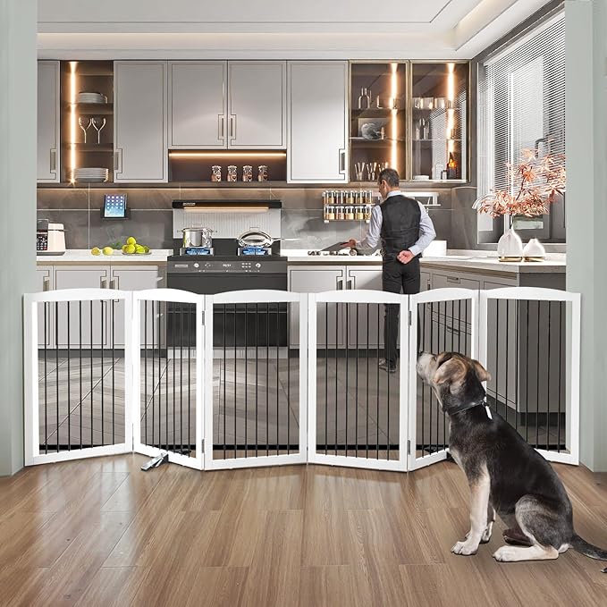 Freestanding Panel Dog Gate for Indoor, Doorways,Stairs, or Hallways,Foldable Wooden Dog Gates for House,Pet Gate for Dogs,Dog Fence, Puppy Gate,Support Feet Included,32 "Height-6 Panels,White