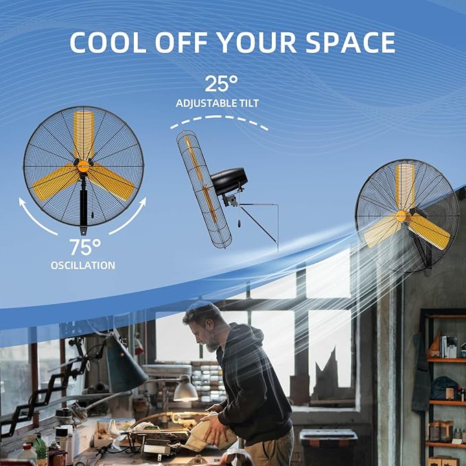24 inch Oscillating High Velocity Wall Mount Fan, 7600 CFM Industrial Heavy Duty Metal Wall Fan, 3 Speeds, Adjustable Height and Tilt, Commercial Shop Fans for Garage, Workshop