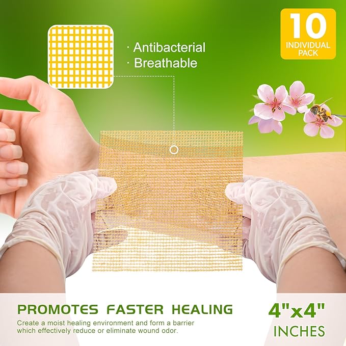 Manuka Honey Gauze Dressing 4"x4"(Pack of 10), Manuka Honey Wound Care Bandage for Cuts, Scalds and Burns, Wound Dressing Products