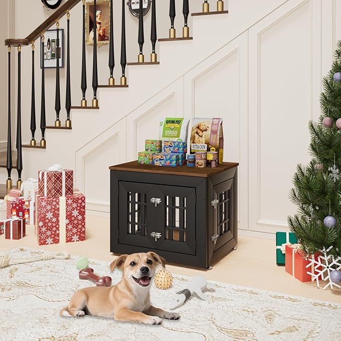 26" Heavy Duty Dog Crate Furniture for Small,Medium and Large Dogs,Rustic Wooden Dog Cage Kennel Indoor Furniture with Waterproof Top,Decorative Pet House Side End Table (Black & Wood)