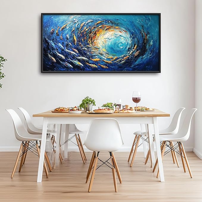 Extra Large Framed Abstract Ocean Fish Wall Art,Oversized Blue Sea Nautical Fish Wall Decor Pictures for Living Room,Canvas Print Painting Modern Artwork Bedroom Office Bathroom Home Decor 60L x30W