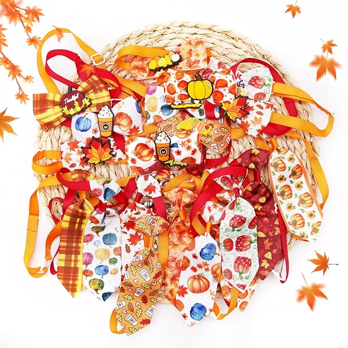 22pcs Fall Dog Bow Tie, Adjustable Bowtie Collar Attachment for Small Medium Pets, Bulk Neckties Set for Thanksgiving Day,Autumn Pet Supplies Charms Hair Costume Accessories(Maple Leaf, Pumpkin)