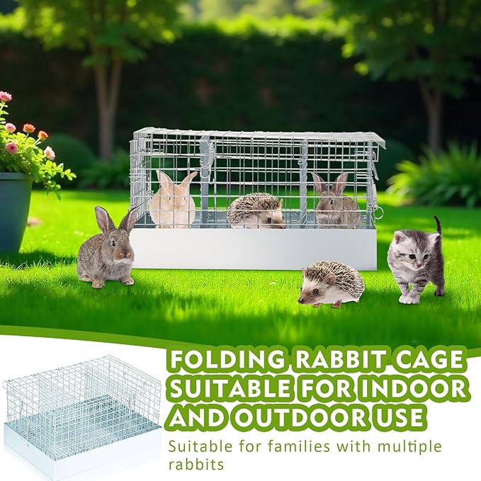 Folding Rabbit Cage, 18 x 12 x 10 in Portable Bunny Carrier with Tray and Handles for Transport, Travel or Temporary Housing, Indoor Outdoor Pet Habitat Animal Enclosure