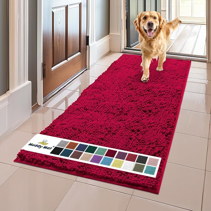 Muddy Mat® Original Dog Door Mat for Muddy Paws, Super Absorbent Microfiber, Non-Slip Washable Pet Rug, Quick Dry Chenille Entryway Carpet, Machine Washable Indoor Outdoor mat, Maroon 24"x60"