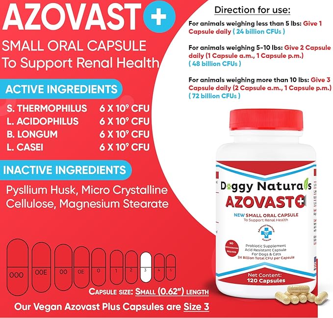 Azovast Plus Kidney Health Supplement for Dogs & Cats, 360ct - NO Refrigeration Required - Help Support Kidney Function & Manage Renal Toxins - Renal Care Supplement Capsule(U.S.A)(360 Caps)