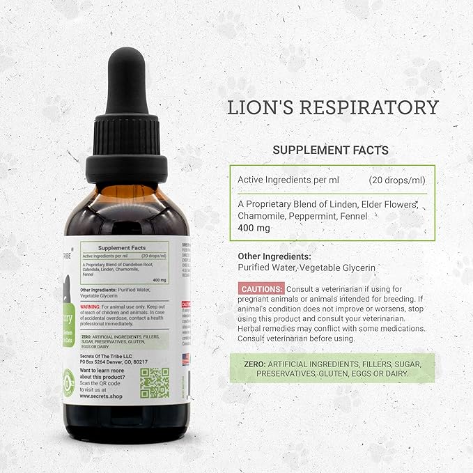 Lion's Respiratory | Natural Herbal Dietary Supplement for Cats | Healthy Respiratory System Support in Cats | Alcohol-Free Extract, Linden, Elder Flowers, Chamomile, Peppermint, Fennel 2 oz