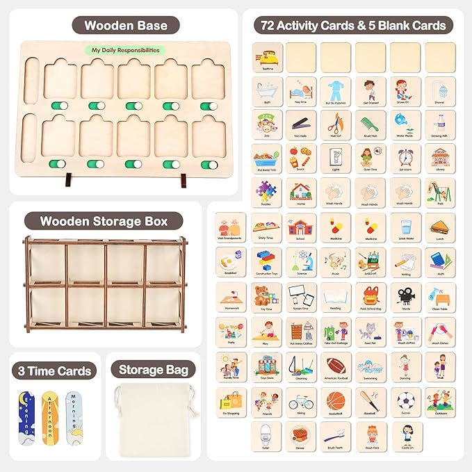 Dreamon Wooden Visual Schedule for Kids Chore Chart, Morning Bedtime Routine Charts for Kids Toddlers, autism learning materials&Daily Schedule Board for home