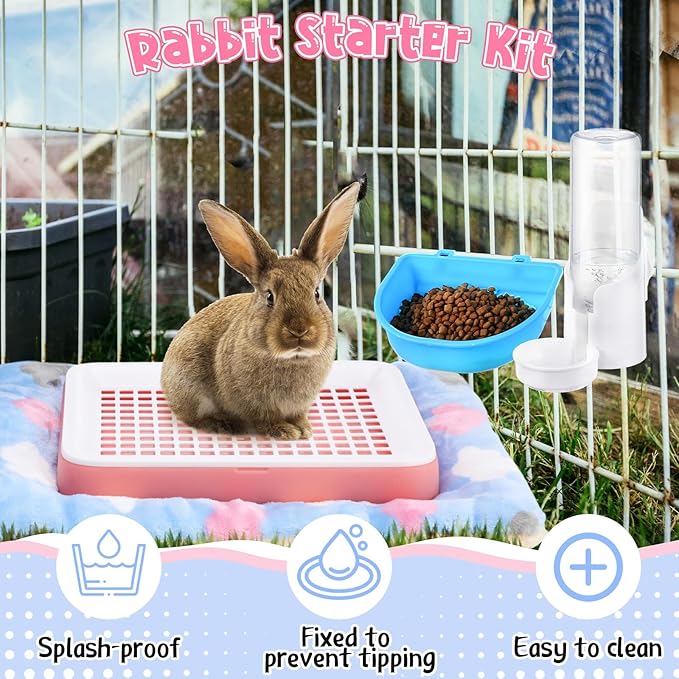 19 Pcs Rabbit Starter Kit Small Bunny Litter Box Rabbit Grooming Kit Water Bottle Bunny Toys Hay Feeder Bowl Blankets with Cleaning Set for Guinea Pig Accessories (Pink-White,Strawberry Bear)