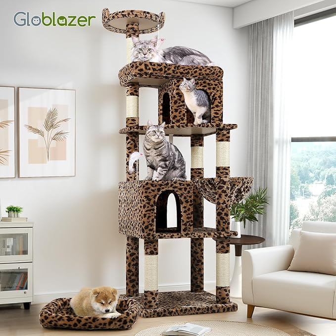 Globlazer Heavy Duty Cat Trees for Large Cats, Sturdy 72in Maine Coon Cat Tree for Large Cat 20 lbs+ Heavy Duty Cat Tower for Adult Biggest Cats with 6 Scratching Posts, Hammock, S72, Leopard Print