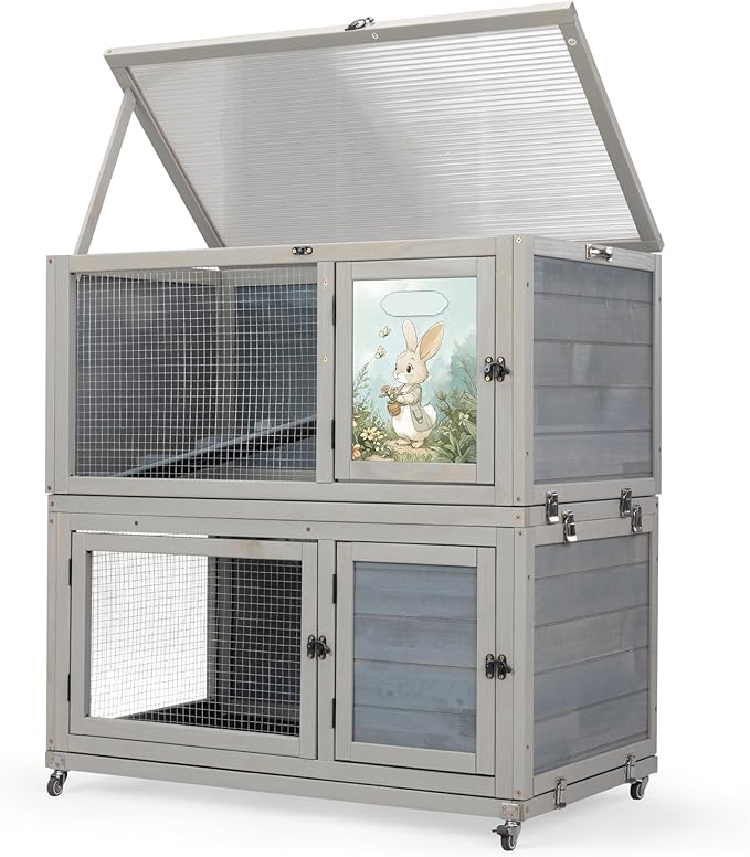 2-Story Wooden Rabbit Hutch for Outdoor & Indoor, Bunny Cage Rabbit House with Wheels, Trays, Ramp, Pet Home for Guinea Pigs, Chickens, Chicken Coop, Gray with Colorful Patterns