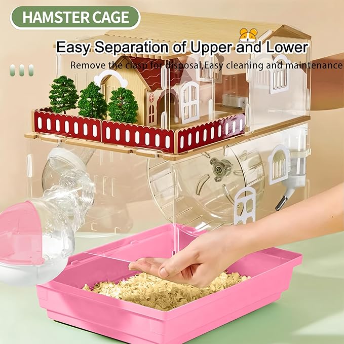 12 in 1 Clear Acrylic Hamster Cage with All Accessories,13.5''L*10''W*15''H Dwarf Hamster Cage,Magnetic Connection Small Hamster Enclosure,Wooden Mouse Cage for Pet Mice(2-Layer,Pink) Install Required
