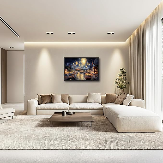Framed Large Firework Night Sky Wall Art, Oversized European City Landscape Wall Decor for Living Room, River Boats Canvas Pictures Home Decoration for Living Room Bedroom Office 36"x24"