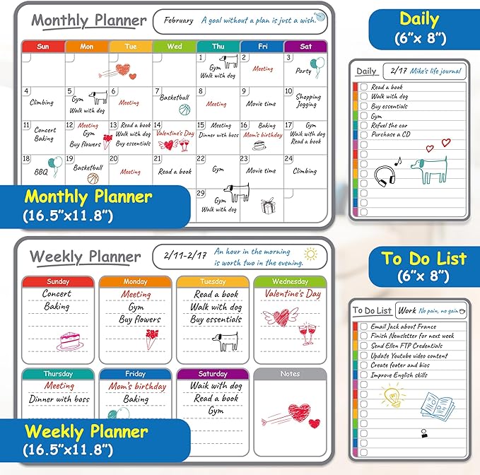 4-Pack Non-Magnetic Dry Erase Calendar Board Set – Monthly, Weekly, Daily, to-Do List Planner – Whiteboard for Stainless Steel Fridge, Wall, Glass, Door – Family, Office, Classroom Organizer