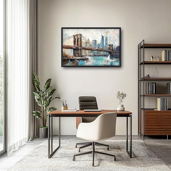 Extra Large Framed Brooklyn Bridge Wall Art,New York City Wall Decor,Abstract Skyline Cityscape Pictures for Living Room,Canvas Print Painting Modern Artwork Bedroom Office Bathroom 36L x24W