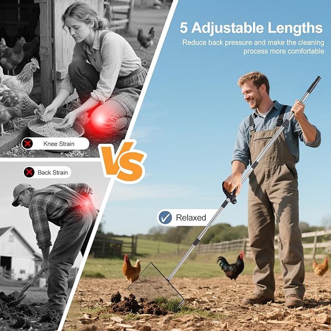 15" Widely Chicken Coop Poop Scooper- Ergonomic Chicken Poop Scooper with 38" to 77" Adjustable Long Handle, Extra-Large Scoop for Sand and Litter, Easy-to-Clean, Multi-Scene Use for Poultry