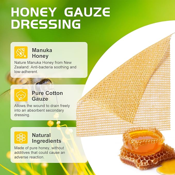 Manuka Honey Gauze Dressing 4"x4"(Pack of 10), Manuka Honey Wound Care Bandage for Cuts, Scalds and Burns, Wound Dressing Products