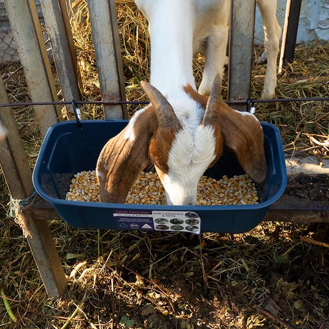 Goovilla Large Feed Trough, Hanging or Screw-in Fence Feeder with Clips, 2 Pack 9 Quart Goat Feeder Supplies, Dog Horse Hog Pig Livestock Poultry Plastic Feeder Trough Bucket for Large Animal, Blue