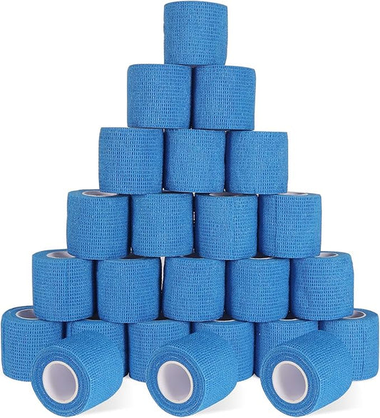 24 Pack Self Adherent Cohesive Wrap Bandages, 2” x 5 Yards Blue Athletic Tape, Medical Tape, Vet Wrap, Elastic Grip Tape for Sports Wrist Ankle Pet Ankle Swelling Sprains