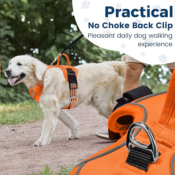 Funfox Dog Harness No Pull, Adjustable Pet Vest Harness, Super Soft Material with Vertical Handle Easy Control, Reflective Night Walking, 2 Leash Clips for Medium Sized Dogs, Orange, M