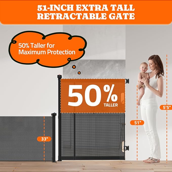 Extra Tall Retractable Baby Gates: 51" Tall Pet Gate, Extend up to 120" Wide, Mesh Baby Gate with Support Rods Jump-Proof Design for Cats & Large Dogs High Dog Cat Door Indoor Outdoor, Black