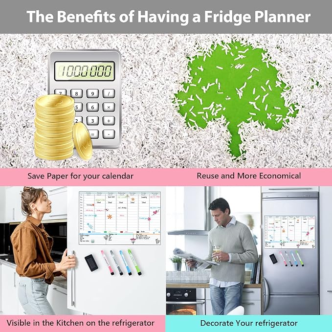 POPRUN Magnetic Weekly Dry Erase Board Calendar for Fridge, 16.9"x11"Schedule Board, Weekly Planner Whiteboard Calendar with Hourly Time Slots To Do List Perfect as Planner Board for School and Family