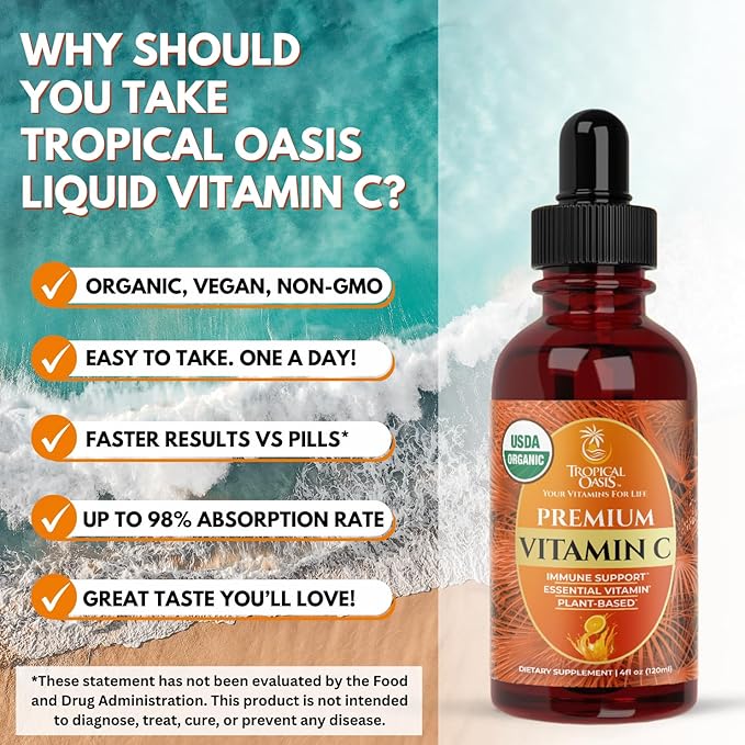 Tropical Oasis USDA Organic Liquid Vitamin C Drops for Adults & Kids | Supports Healthy Immune System | 98% Absorption Rate | Vegan | Non-GMO | Gluten Free | 60 Servings