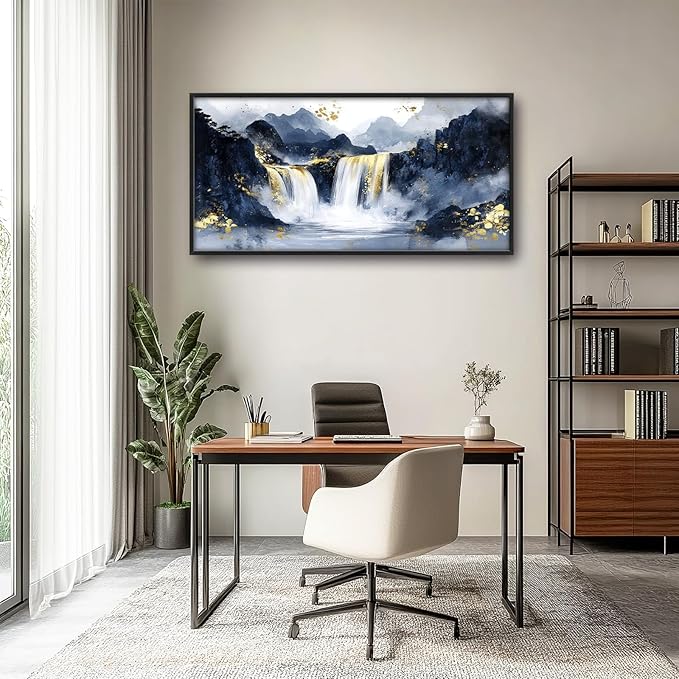 Extra Large Abstract Golden Waterfall Framed Wall Art for Living Room,Oversized Foggy Mountain Pictures Wall Decor,Canvas Print Painting Modern Artwork Bedroom Office Bathroom 60L" x 30W"