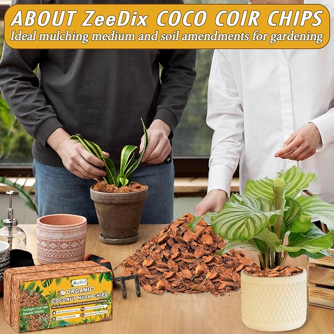 Zeedix 2 Pack Coco Husk Chips for Plants(2.2LB), 100% Organic Coconut Chips Mulch with Low EC & PH Balance, All Purpose for Indoor Plant Flowers Herbs Vegetables, Reptiles Terrarium Tanks Substrate