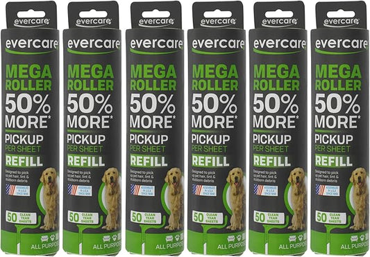 Evercare Pack of 6 10" Wide Large Surface Mega Pet Roller Refill, 50 Sheets Each (300 Sheets Total)