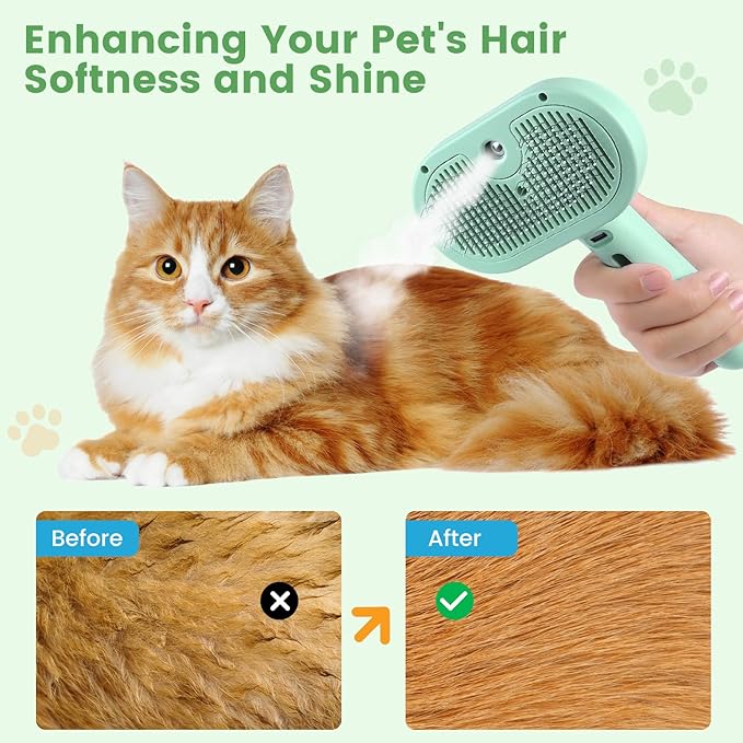 3 in 1 Cat Steam Brush, Pet Spray Hair Removal Comb for Shedding & Grooming, Water Brush for Cats Dogs Small Animals Long Short Haired with One-Click Release Button(Green)
