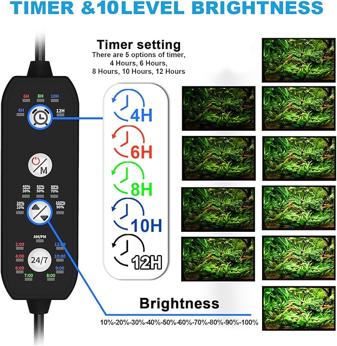 24/7 Mode Led Aquarium Light for Plants Growth-Full Spectrum Fish Tank Light with Timer, Auto On/Off, 7 Colors, Adjustable Brightness, 14W for 12 to 18 Inch Freshwater Tank