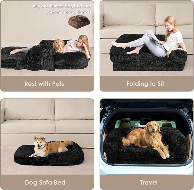 EHEYCIGA Foldable XXL Dog Bed, Faux Fur Fluffy Pet Couch Bed for Extra Large Dogs, Orthopedic Calming Memory Foam Big Pet Bed, Washable Soft Pet Sofa Bed with Non-Slip Bottom, Black, 54"x38"x7.5"