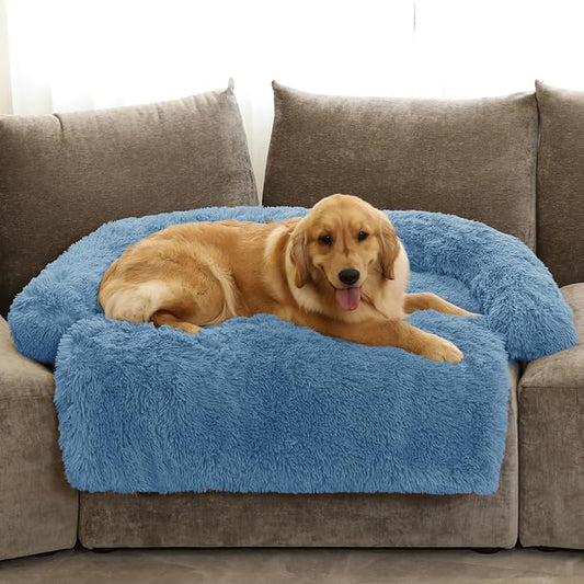GGIB Calming Dog Bed Fluffy Plush Dog Mat for Furniture Protector with Removable Washable Cover for Large Medium Small Dogs and Cats (Extra Large (53x39.3x6), Navy)