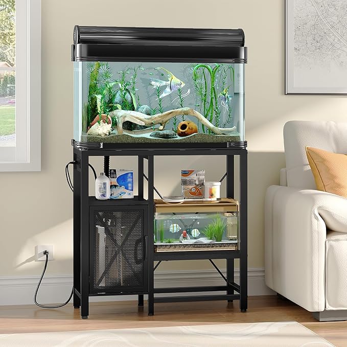 20-37 Gallon Fish Tank Stand, Aquarium Stand with Power Outlet and Storage Cabinet, Heavy Duty Tank Stand Suitable for Turtle Tank, Reptile Terrarium, for Home Office, Black FTHB40E01