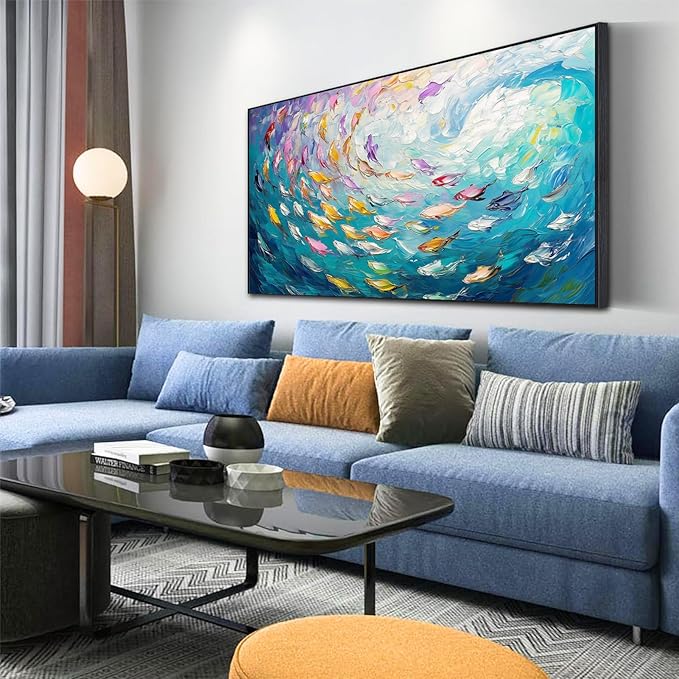 Fish Canvas Wall Art, Abstract School of Fish Canvas Wall Art, School of Fish Painting Canvas, School of Fish Wall Art, Fish Wall Decor, Fish Pictures Wall Decor, Bedroom Canvas Wall Decor (Black Framed, 69"x39" | 174x98cm)