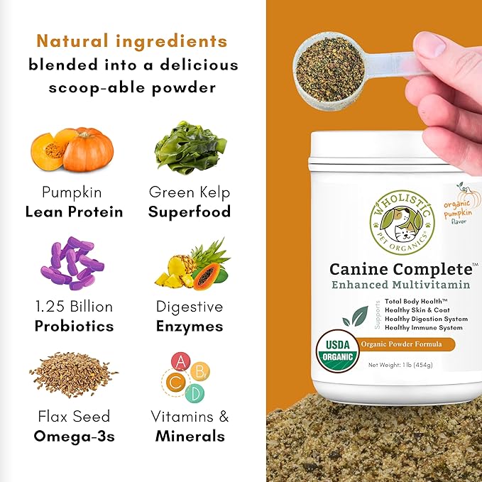 Wholistic Pet Organics Canine Complete - Dog Multivitamin Powder - 1 Lb - Daily Dog Vitamins and Supplements for Homemade Food - Immune System, Skin, Coat & Overall Health - Small and Large Breed
