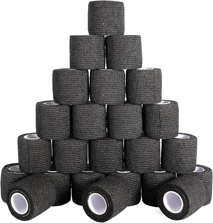 24 Pack Self Adhesive Bandage Wrap, 2” x 5 Yards Elastic Cohesive Bandage Wrap Black Athletic Tape Grip Tape for Ankle, Wrist Sprains, Sports Injuries & Pet First Aid | Medical Sports Tape