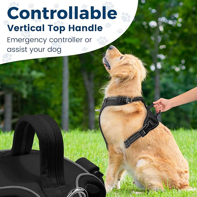Funfox Dog Harness No Pull, Adjustable Dog Vest Harness, Super Soft Material with Vertical Handle Easy Control, Reflective Night Walking, 2 Leash Clips for Small Medium Large Size, Black, S