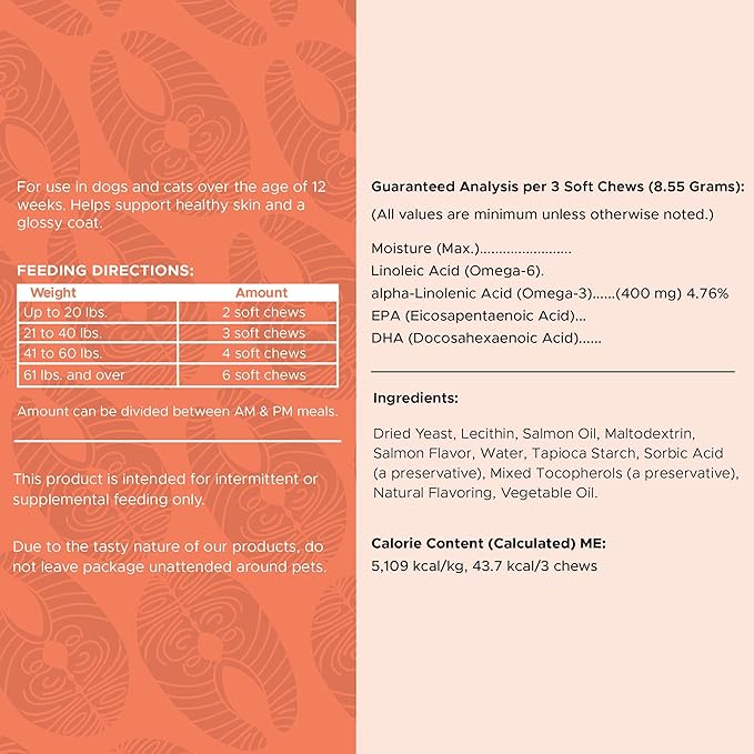 Fish Oil Omega 3 Supplements for Dogs -360 Soft Chew Treats for Skin and Coat -Salmon Oil Blend of Fatty Acids, Omega 3, 6, Vitamins, Antioxidants -Made in USA (2 Packs of 180, Salmon Flavor)