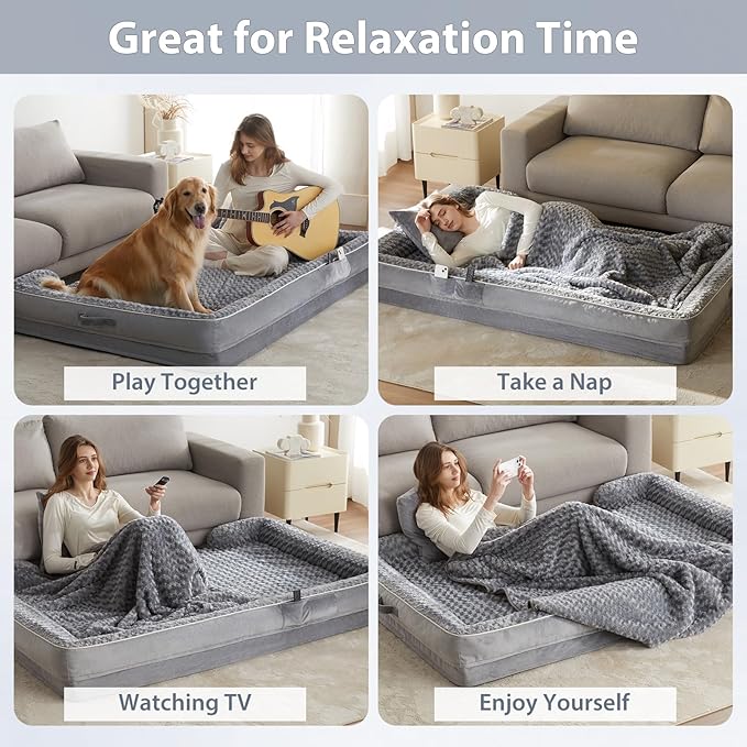 WNPETHOME Human Dog Beds for People Adults, Washable Faux Fur Nap Bed Adult Oval for People, Calming Human Size Giant Dog Bed Fits Pet Families with Storage Pocket Grey