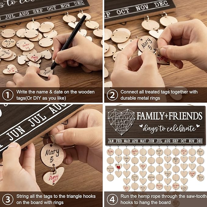 Christmas Grandma Gifts for Mom from Daughter, Wood Family Birthday Reminder Calendar Board Wall Hanging DIY Birthday Tracker Plaque with 120 Tag, Best Mom Dad Grandma Gifts for Birthday Thanksgiving